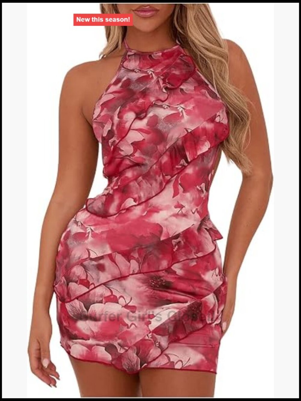 Ruffle Trim Bodycon Mini Dress Tie Backless Halter Neck Sleeveless Party Club